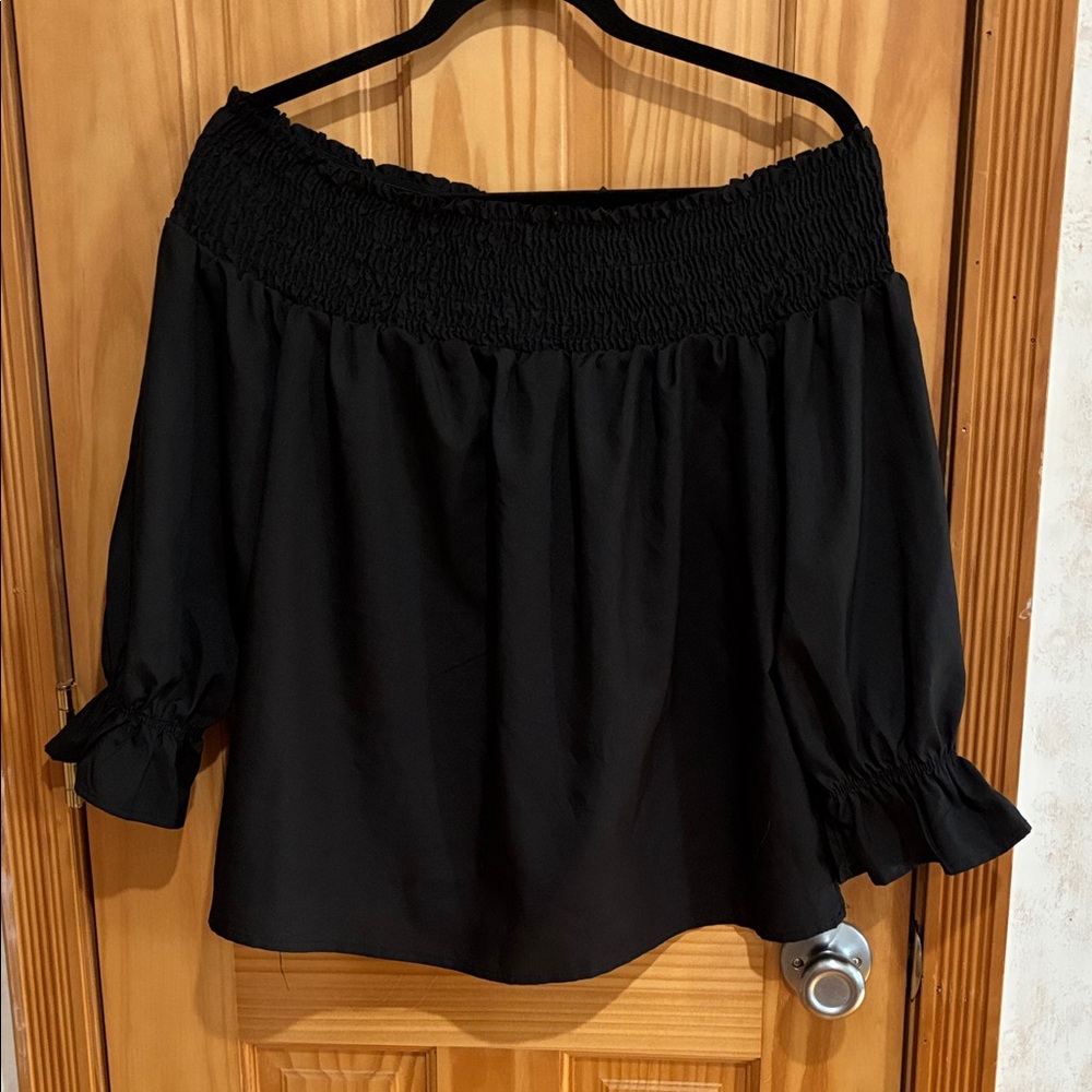 Celmia XL Black Off-the-Shoulder Blouse Silky Bow Back 3/4 Sleeve